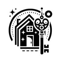 Black and White Minimalist House Within an Orb With Decorative Key, Starbursts, and Dotted Circle. vector