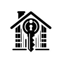 Symbolic Black and White Real Estate House silhouette with a key integrated within the structure, suggesting security and ownership. vector