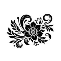 Intricate Black and White Floral Ornament with Swirls, Petals, Leaves, and Decorative Elements on a Blank Canvas. vector