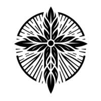 Ornate Black and White Cross with Floral and Radial Elements within a Circular Frame, Simple Yet Detailed. vector