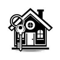 Black and white stylized illustration featuring a house with a key and a magnifying glass overlapping, symbolizing property access and search. vector
