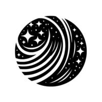 Black and white circular illustration of a starry night, with curved lines resembling a celestial swirl, on white background. vector