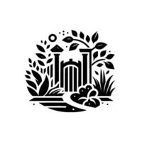 Monochromatic garden illustration a stylized gate and path surrounded by lush plants, branches, and a whimsical sunmoon motif. vector