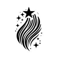 Black and White Stylized Starburst Featuring a Shooting Star with Flowing Trails and Smaller Star Accents on a White Background. vector