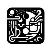Abstract Black and White Geometric Composition with Circuitry, Circular Elements, and Rounded Edges in a Modern, Minimalist . vector