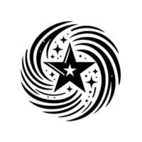 Black and White Starburst with a Large Star Surrounded by Spiraling Swirls and Smaller Star Elements in a Circular Arrangement. vector