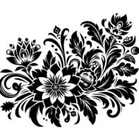 Ornate black and white floral , symmetrical and elegant, featuring intricate blooms, leaves, and swirls on a plain background. vector