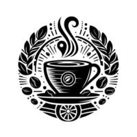 Intricate Black and White Coffee Cup with Steam, Coffee Beans, and Laurel Wreath, Set within a Circular Frame, Illustrative Style. vector