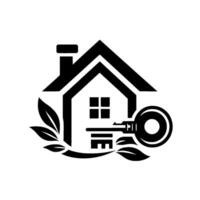 Black and white house featuring a key inserted with leaves and a chimney, symbolizing real estate. vector
