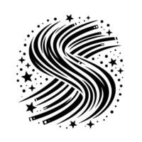Stylized Black and White Celestial A swirling letter S with shooting stars, dots, and a round frame. vector