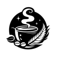 Steaming Coffee Cup, Beans, and Feather Within a Black Oval Frame, Emitting a Starry Atmosphere, Elegant Minimalistic . vector