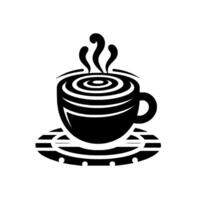 Stylized black and white coffee cup with spiraling concentric circles on the cups rim and steam rising, sitting on a striped saucer. vector