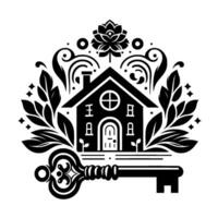 Intricate Black White Home with House, Key, Foliage, Floral Motif, a Symbol of Property Security. vector