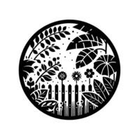 A black and white papercut illustration of a garden scene enclosed within a circle, featuring flowers, foliage, and a picket fence. vector