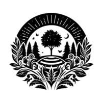 Black and white circular nature emblem with a central tree, moon, trees, butterflies, flowers, and ornate foliage. vector