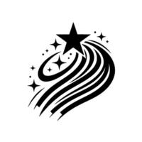 A stylized black and white illustration featuring a large fivepointed star at the center, trailing a curved, dynamic swoosh of parallel lines, surrounded by smaller stars and dots, giving a sense of vector