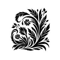 Black and White Botanical A symmetrical floral arrangement with leaves, curls, and a stylized flower, isolated on a white background. vector