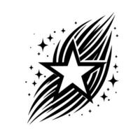 Black and White Starburst A stylized illustration featuring a central fivepointed star surrounded by swooping, radial lines and smaller star accents on a white backdrop. vector