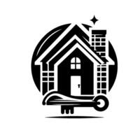 Clean black and white minimalist of a house with chimney, key, and star inside a circle, symbolizing homeownership and real estate. vector