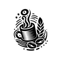 Artistic monochrome illustration of a coffee cup with steam, coffee beans, wheat, and decorative lines creating a stylized coffee themed . vector