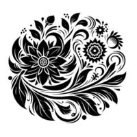 Intricate black and white floral mandala , featuring stylized flowers, leaves, and ornate swirling patterns, arranged in a circular composition against a stark white background. vector