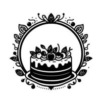 Elegant black and white illustration A threelayered cake topped with cherries and leaves, within a circular decorative frame. vector