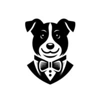 A charming black and white illustration of a smiling dog, dressed in a tuxedo and bow tie, conveying elegance. vector