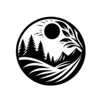 Black and white circular illustration sun, trees, mountains, and flowing lines form a naturalistic, stylized landscape within a circle, evoking peaceful scenery. vector