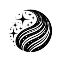 Abstract Black and White YinYangInspired with Flowing Streaks and Sparkling Starbursts, Symbolic of Balance and Cosmic Energy. vector