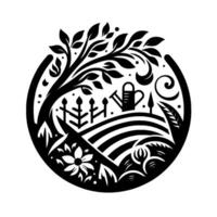 Circular Monochromatic Garden Illustration Featuring Tree, Flowers, Fences, Watering Can, and Curved Lines, Isolated on White. vector