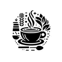 Black and White Coffee Illustration with Cup, Grain, Steam, Teapot, Spoon, and Leafy Elements, Inside a Circular Border. vector
