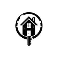Black and White Real Estate Featuring a House and Key Inside a Circle With Clouds. vector