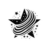 Black and white cosmic starburst featuring a star with a swirled and surrounding stars on a white background. vector