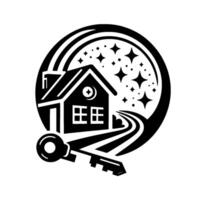 Black and white stylized featuring a house, road, key, and stars, enclosed within a circular frame representing home ownership. vector