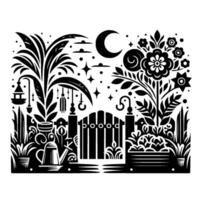 Black and White Garden Scene Moonlit Gate, Floral Elements, and Decorative Details in a Stylized Composition. vector