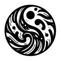 Abstract Yin Yang in Circular Dynamic, Stylized Waves and Organic Shapes, Black and White Contrast. vector