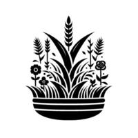 Elegant Black White Stylized Illustration of a Flourishing Garden in a Decorative Planter, Featuring Wheat, Flowers Foliage. vector