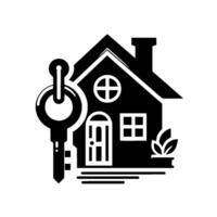 Simple, Minimalist Depicting a House with a Key, Illustrating Homeownership and Real Estate Concepts in Black and White vector