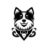 Formal Dog Smiling Black White Huskylike Face Wearing a Bow Tie Tuxedo with decorative swirls, Perfect for a stylish pet brand. vector