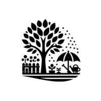 Stylized blackandwhite garden scene featuring a large tree, rain, umbrella, fence, watering can, and potted plants. vector