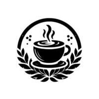 Sleek Monochrome Steaming Coffee Cup within a Laurel Wreath and Circular Frame, Evoking a Cozy, Relaxing Atmosphere. vector