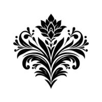 Symmetrical Black Floral Damask Motif, Isolated on White Background with Detailed Leafy and Swirl Ornamentation. vector