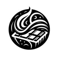 Black White Abstract Emblem Chocolate Bar, Crescent Moons, Swirling Forms, and Starry Nightlike Composition Inside a Circle vector