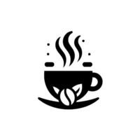 Stylized, monochromatic coffee illustration featuring a steaming cup with a saucer, coffee bean, and leaf, on a clean white background. vector