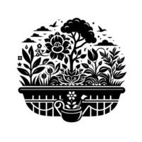 Intricate black and white illustration of a stylized garden scene, featuring a basket planter with floral, leafy, and tree elements, plus birds. vector