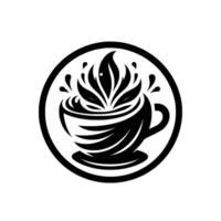 Elegant Black and White Coffee Cup Featuring Leafy Crest, Surrounded by a Circular Border, Minimalist . vector