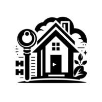 Monochromatic Illustration House with Key, cloud, a plant, and sparkle elements, representing homeownership and security. vector