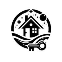 Black White Minimalist House with Key, Stars, and Circular Frame, Representing Home Security and Real Estate. vector