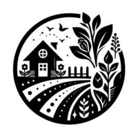 Black and white circular illustration of a house, garden, and farm field, surrounded by decorative plants and birds in flight. vector