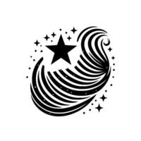 A Black Star Surrounded by a Swirling Abstract with Starburst Effect, Dots Accompanying Stars on White Background, Modern Emblem vector